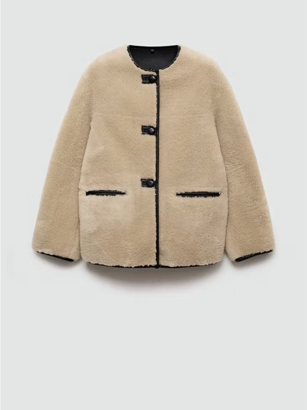 Mango Beige Teddy Jacket with Black Trim